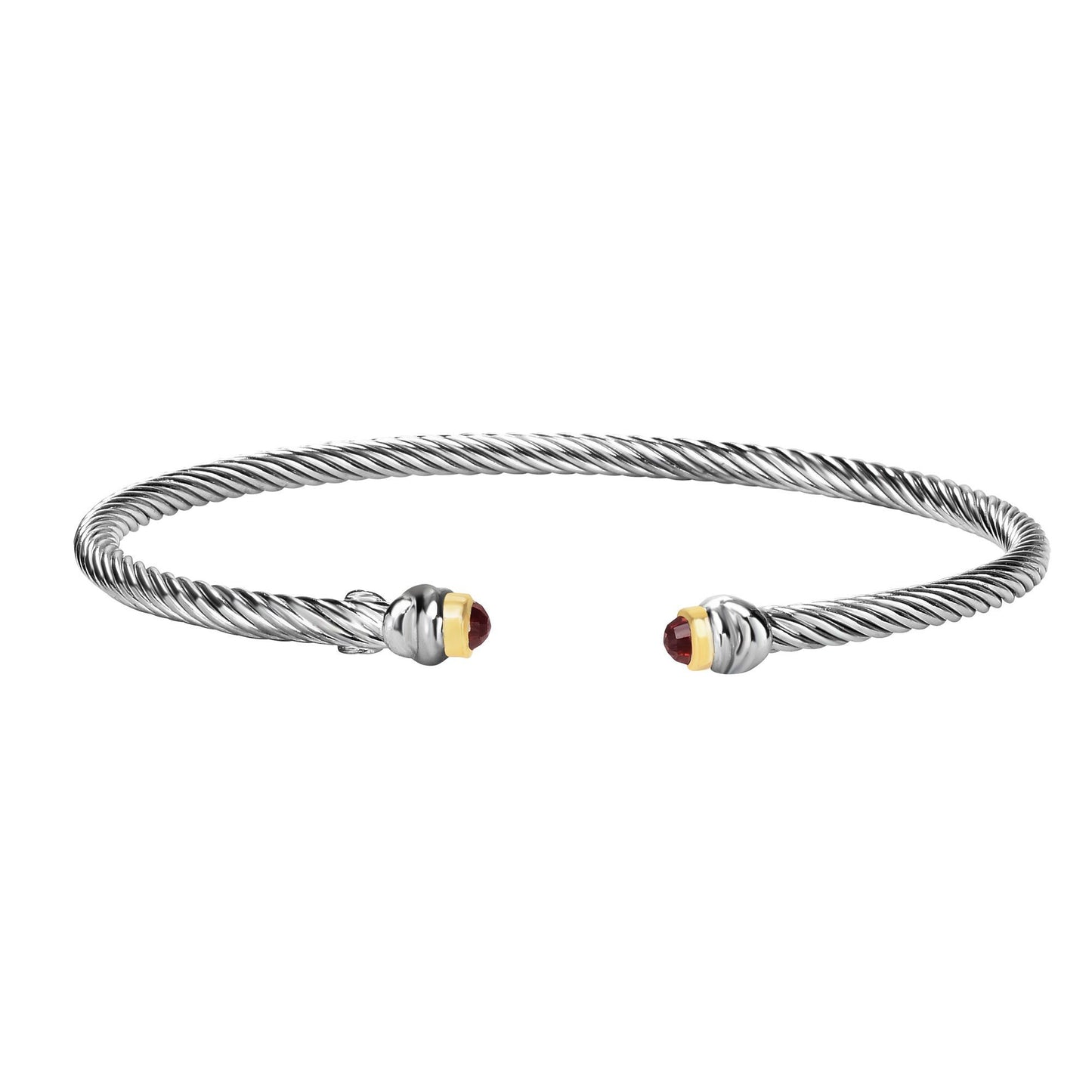 Sterling Silver bangle bracelet with 18k yellow gold accent and Garnet stone