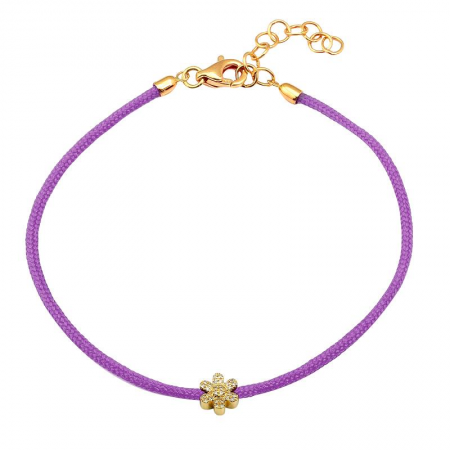 14k yellow gold diamond flower on a purple rope bracelet