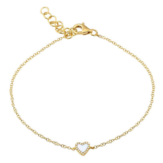 14k yellow gold Mother of Pearl diamond heart bracelet