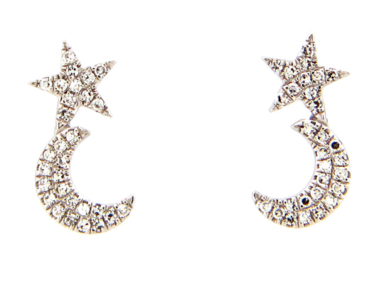 14k white gold diamond moon and star earrings
