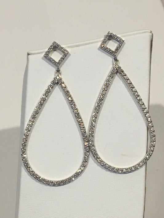 14k white gold large oval drop diamond earrings