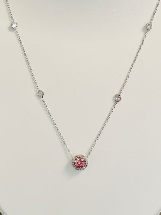 pink sapphire diamond halo necklace