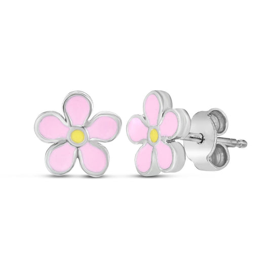 Silver Pink Enamel Daisy Earrings