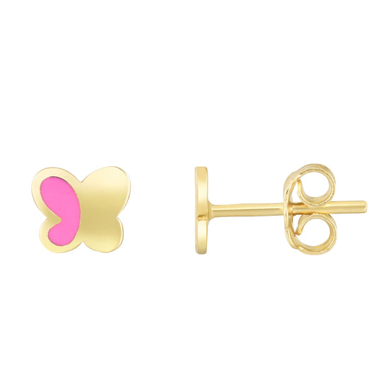 14k yellow gold and pink enamel butterfly earrings
