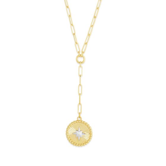 14k yellow gold medallion lariat paper clip necklace